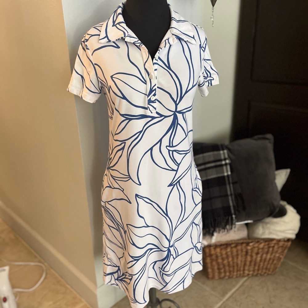 Torii Richard White Dress with Blue Leaf Design